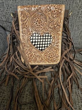 Checkered Heart | Tooled Leather Fringe Crossbody Bag (Brown)